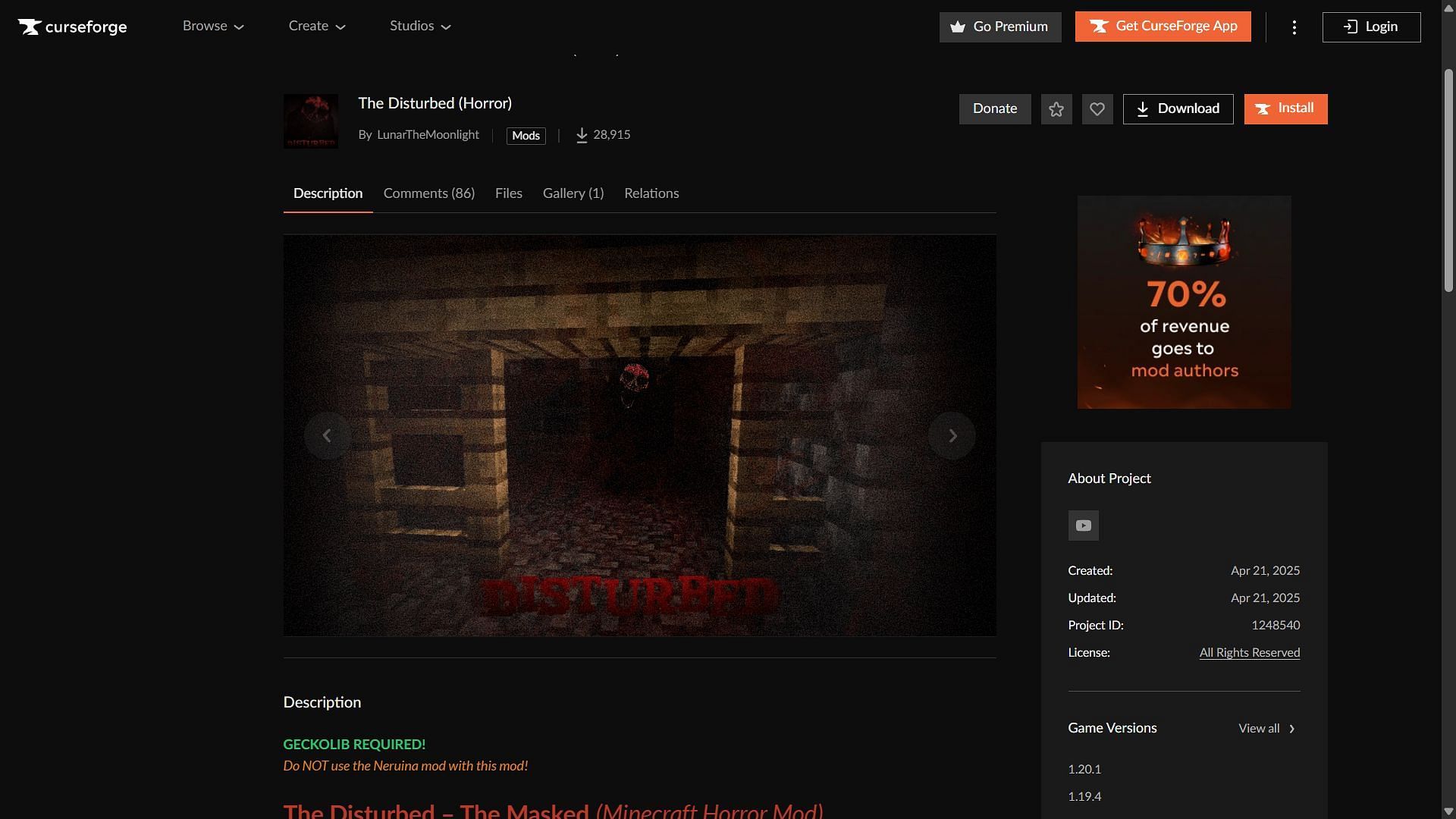 The Disturbed can be downloaded from CurseForge (Image via CurseForge/LunarTheMoonlight)